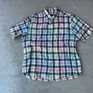 Scott Barber Men's XL 100% Linen Plaid Short Sleeve Button Down Shirt Casual